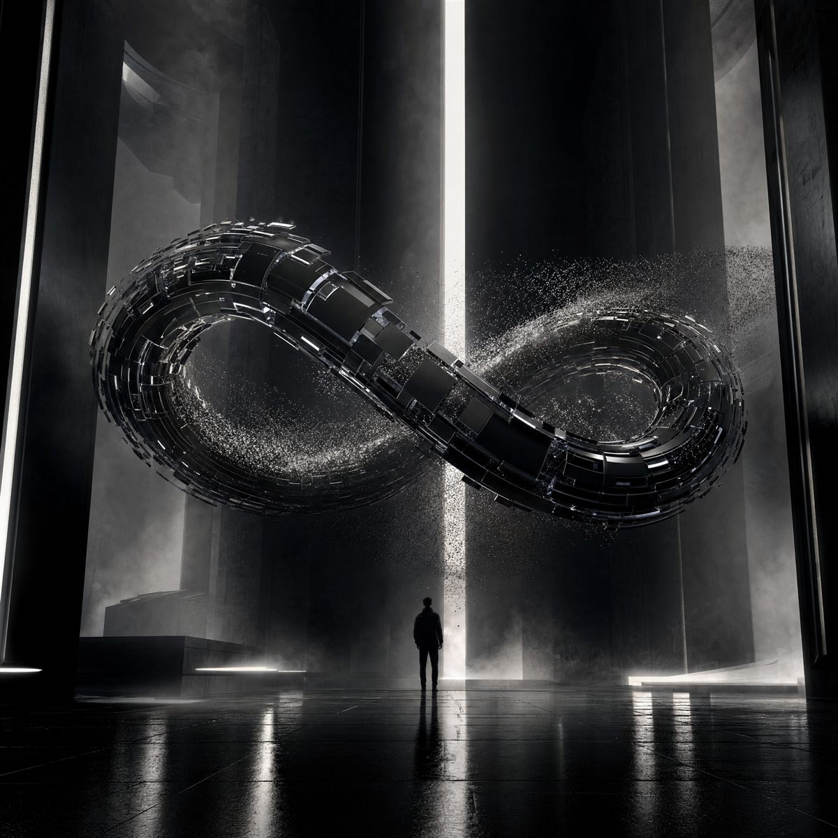 A monumental fractured infinity loop dissolving into particles, floating in a dark hall