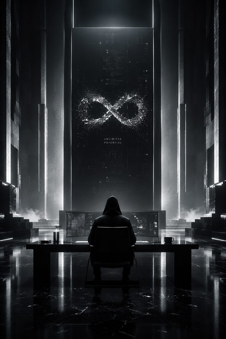A hooded figure at a desk of monitors beneath a monolith showing the infinity loop